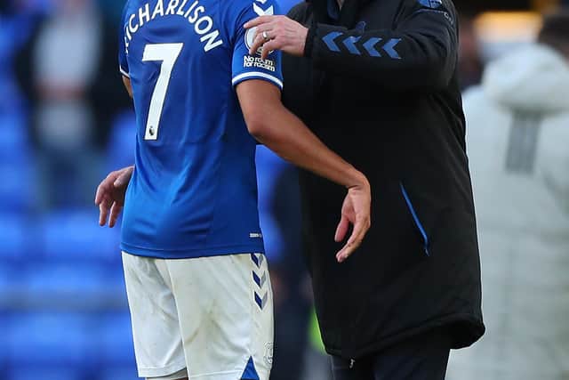 Richarlison with former Everton manager Carlo Ancelotti. Picture: Peter Byrne/ Getty Images