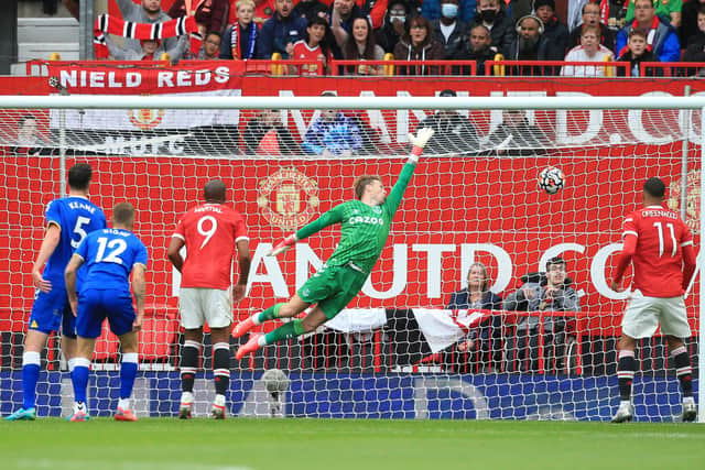 Harry Maguire scores past Jordan Pickford during Everton’s 4-0 friendly loss against Manchester United. Picture:  LINDSEY PARNABY/AFP via Getty Images