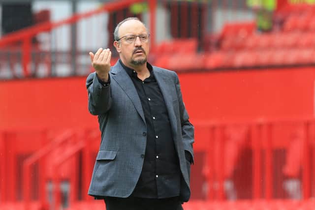 Rafa Benitez in the technical area during Everton’s pre-season defeat to Manchester United. Picture: LINDSEY PARNABY/AFP via Getty Images