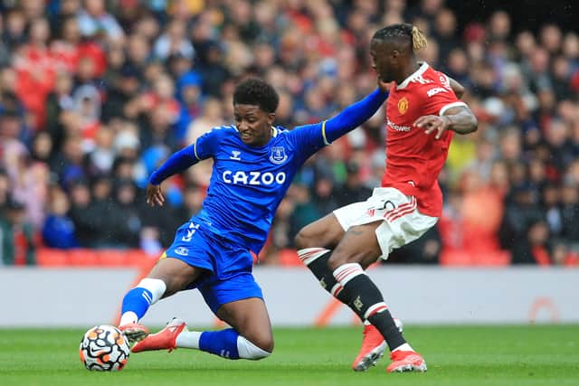 Demarari Gray in action for Everton against Manchester United. Picture: LINDSEY PARNABY/AFP via Getty Images