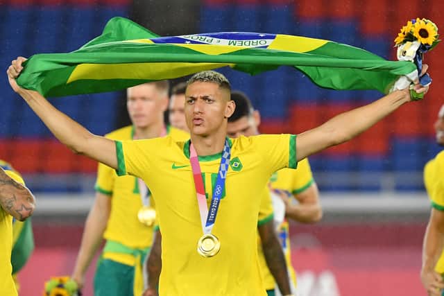 Richarlison celebrates after Brazil’s Olympic gold in Tokyo. Picture: TIZIANA FABI/AFP via Getty Images