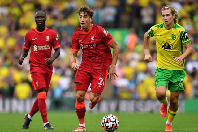 Kostas Tsimikas made his full Premier League debut in Liverpool’s defeat of Norwich. Picture: JUSTIN TALLIS/AFP via Getty Images