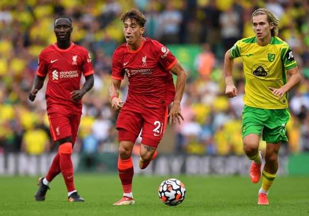 Kostas Tsimikas made his full Premier League debut in Liverpool’s defeat of Norwich. Picture: JUSTIN TALLIS/AFP via Getty Images
