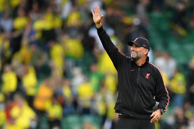 Jurgen Klopp celebrates Liverpool’s win at Norwich. Picture: JUSTIN TALLIS/AFP via Getty Images