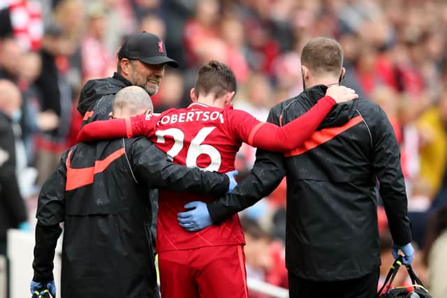 Andy Robertson hobbled off injured in Liverpool’s friendly with Athletic Bilbao last week. Picture: Jan Kruger/ Getty Images 