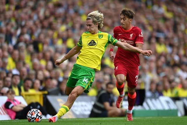 Norwich’s Todd Cantlwell almost scored following a Kostas Tsimikas mistake in Liverpool’s defeat of Norwich. Picture: Shaun Botterill/Getty Images