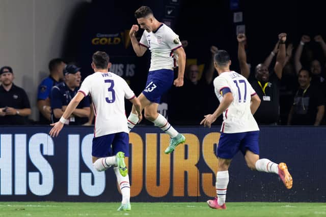 Matthew Happe celebrates his goal for the USA against Jamaica. Picture: ANDY JACOBSOHN/AFP via Getty Images
