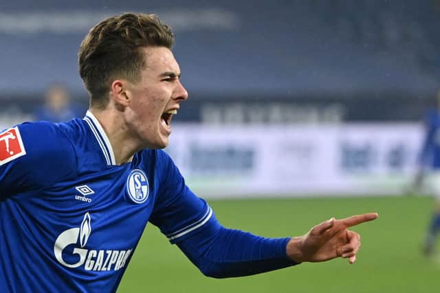 Matthew Hoppe celebrates scoring for Schalke against Hoffenheim. Picture: INA FASSBENDER/AFP via Getty Images