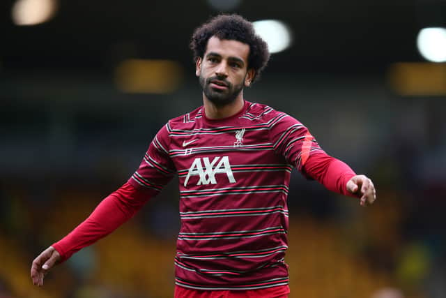 Mo Salah warms up ahead of Liverpool’s defeat of Norwich on Saturday. Picture: Marc Atkins/ Getty Images 