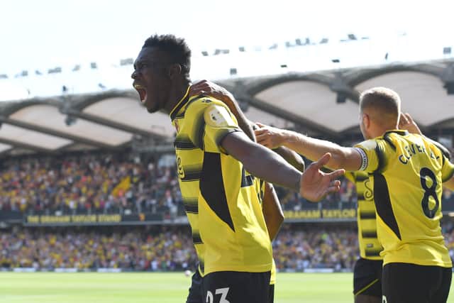 Ismaila Sarr celebrates scoring for Watford against Aston Villa. Pifture: Tony Marshall/ Getty Images