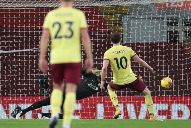 Ashley Barnes scored from the penalty spot in Burnley’s win at Liverpool last season. Picture: Clive Brunskill/Getty Images