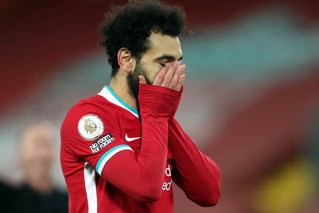 Mo Salah puts his hands to his face during Liverpool’s loss to Burnley at Anfield last season. Picture: Clive Brunskill/Getty Images