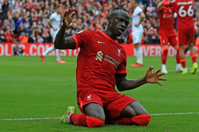 Sadio Mane celebrates his goal in Liverpool’s 2-0 win over Burnley. Picture:  LINDSEY PARNABY/AFP via Getty Images