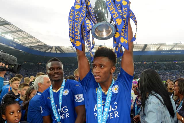 Demarai Gray lifts the Premier League trophy with Leicester in 2016. Picture: Michael Regan/Getty Images
