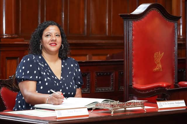  Joanne Anderson signs the oath as Mayor at Liverpool Town Hall in May. Photo: Christopher Furlong/Getty Images