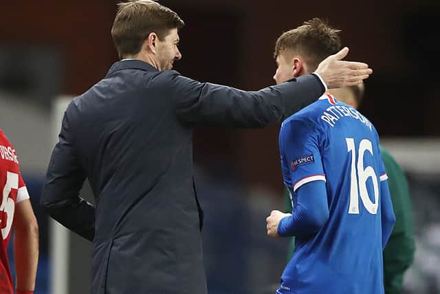 Steven Gerrard with Rangers defender Nathan Patterson. Picture: Ian MacNicol/Getty Image