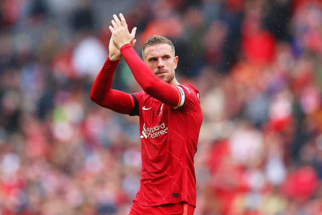 Jordan Henderson applauds the Anfield crowd after Liverpool’s defeat of Burnley. Picture: Catherine Ivill/Getty Images