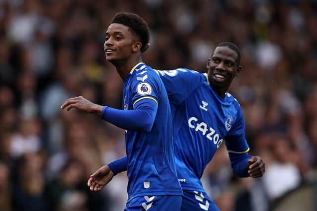 Demari Gray celebrates his goal for Everton against Leeds. Picture: Marc Atkins/Getty Images