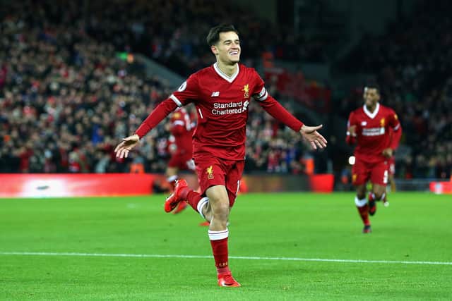 Phillippe Coutinho celebrates scoring for Liverpool against Swansea in December 2017. Picture: Jan Kruger/ Getty Images 