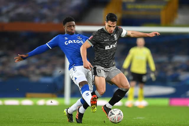 Thierry Small in action on his Everton debut against Sheffield Wednesday. Picture: PAUL ELLIS/AFP via Getty Images
