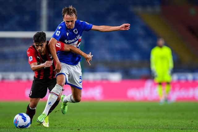 Mikkel Samsgaard battles for the ball during Sampdoria’s 1-0 loss to AC Milan. Picture: Getty Images