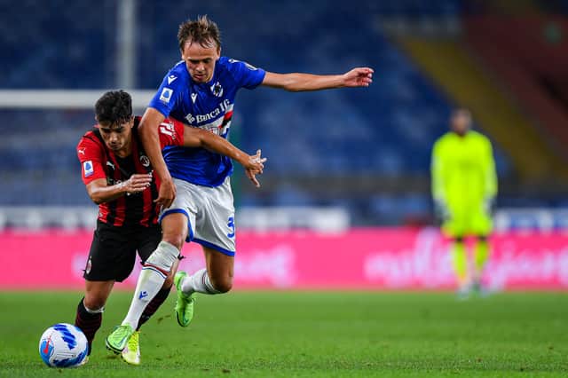 Mikkel Samsgaard battles for the ball during Sampdoria’s 1-0 loss to AC Milan. Picture: Getty Images