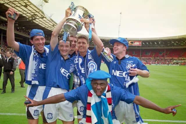 Everton celebrate their FA Cup triumph in 1995 after beating Manchester United in the final at Wembley. Picture: Allsport/Getty Images/Hulton Archive