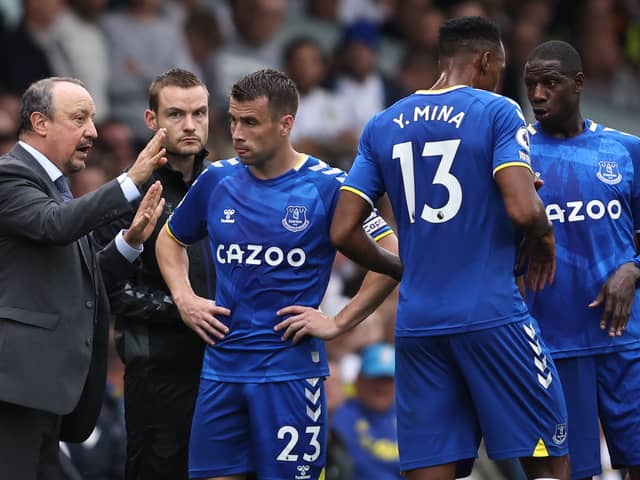 Rafa Benitez speaks to Seamus Coleman during Everton’s 2-2 draw at Leeds. Picture: Marc Atkins/Getty Images