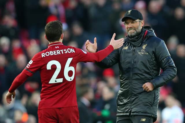 Andy Robertson with Liverpool boss Jurgen Klopp. Picture: Alex Livesey/Getty Images