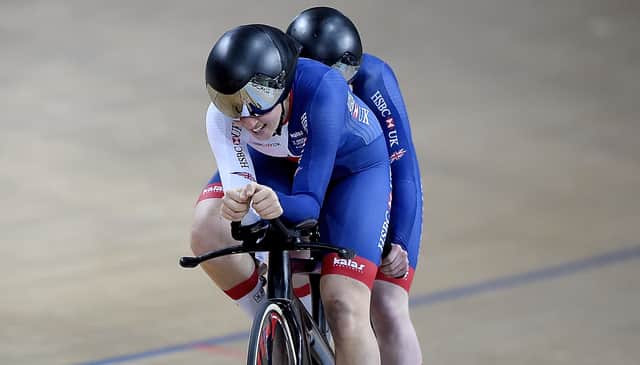 Lora Fachie and Corrine Hall of Great Britain competes in the Women’s B Individual Pursuit Finals. Photo: Alexandre Loureiro/Getty Images