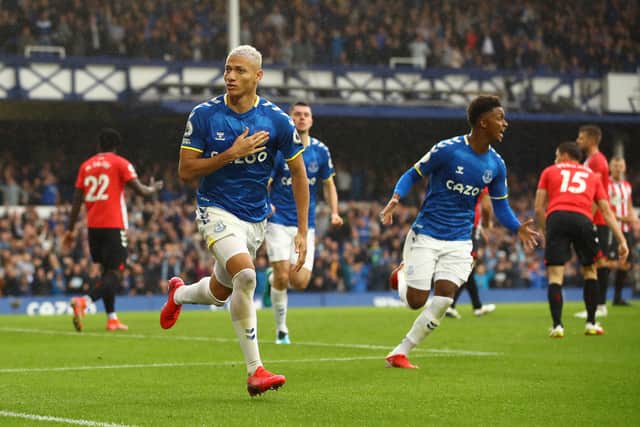 Richarlison celebrates scoring for Everton against Southampton earlier this month. Picture: Chris Brunskill/Getty Image
