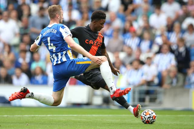 Demarai Gray fires home Everton’s opening goal at Brighton. Picture: Steve Bardens/Getty Images