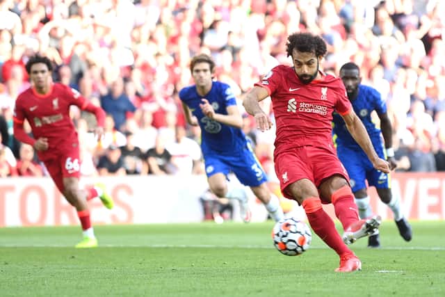Mo Salah scores from the penalty spot. Picture: Michael Regan/Getty Images
