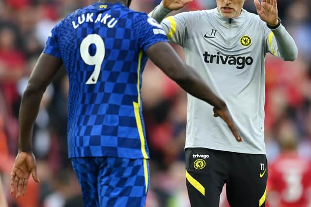 Chelsea boss Thomas Tuchel celebrates his side’s 1-1 draw against Liverpool with Romelu Lukaku. Picture: Michael Regan/Getty Images 