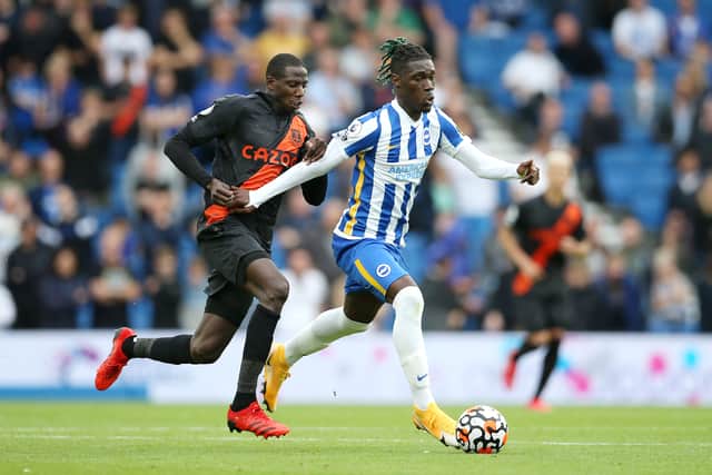 Everton’s Abdoulate Doucoure battles with Brighton midfield Yves Bissouma. Picture: Steve Bardens/ Getty Images 