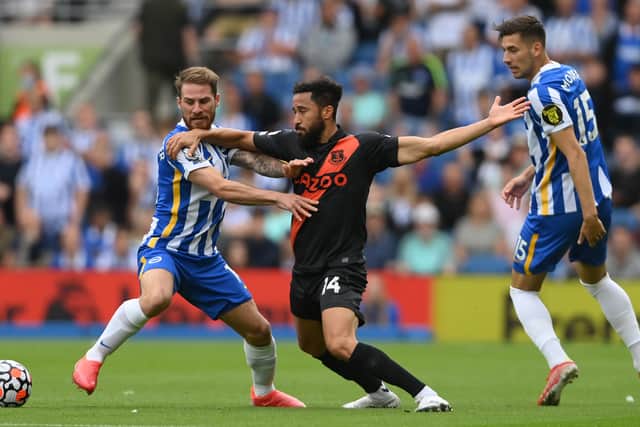 Andros Townsend battles for the ball for Everton against Brighton. Picture: Mike Hewitt/Getty Images