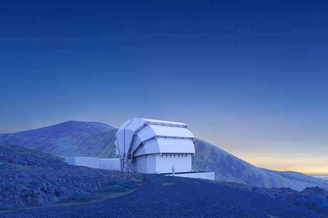 3D render of the completed New Robotic Telescope in its proposed location at the mountain observatory. Telescope enclosure is closed during the daytime to protect the telescope. Photo: Kinsonov Architects / LJMU.