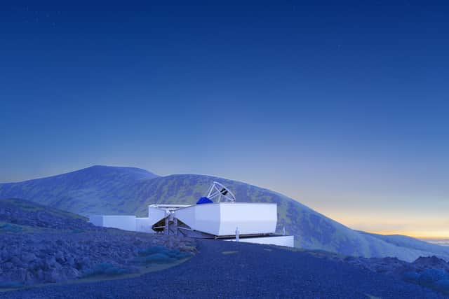 3D render of the completed New Robotic Telescope in its proposed location at the mountain observatory. Enclosure is open to expose the telescope for astronomy operations.  Photo: Kinsonov Architects / LJMU.