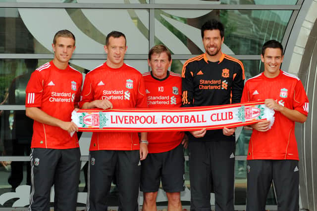 Jordan Henderson, left, during his unveiling after signing for Liverpool. Picture: Clint Hughes/Getty Images