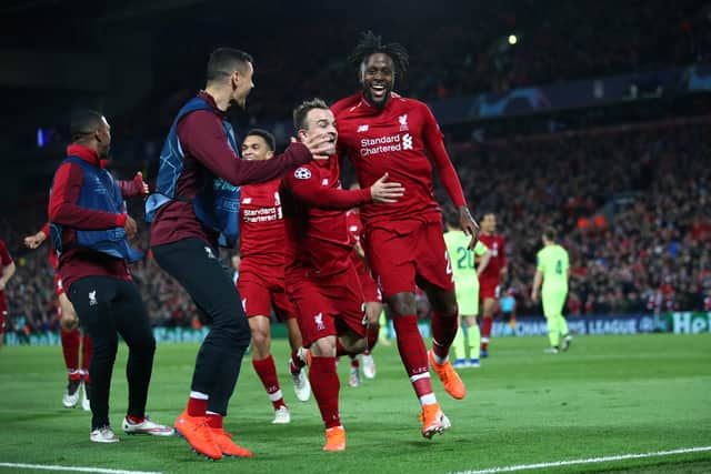 Divock Origi celebrates scoring for Liverpool in their famous Champions League victory over Barcelona. Picture: Clive Brunskill/Getty Images