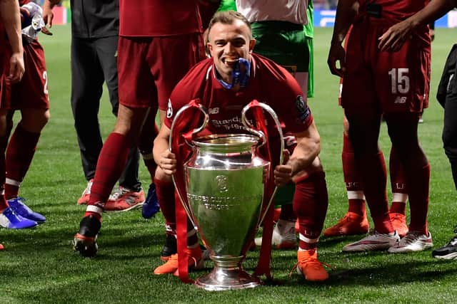 Xherdan Shaqiri celebrates Liverpool’s Champions League success in 2019. Picture: JAVIER SORIANO/AFP via Getty Images