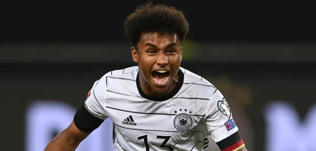 Karim Adeyemi celebrates  scoring for Germany on his debut against Armenia. Picture: (Photo by CHRISTOF STACHE / AFP) (Photo by CHRISTOF STACHE/AFP via Getty Images