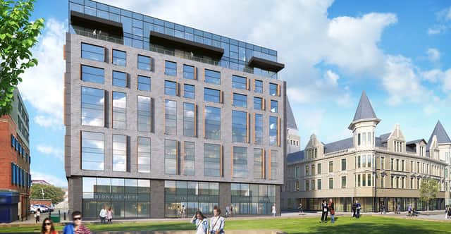 A rendered image of the new development, with the older TJ Hughes building in the background. Image: EQUANS
