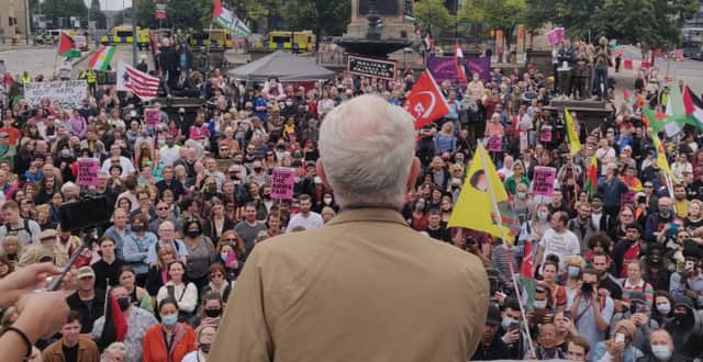 Jeremy Corbyn addresses some of the protesters in Liverpool ahead of the arms fair. Image: @JeremyCorbyn/twitter
