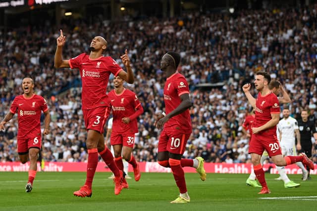 LEEDS, ENGLAND - SEPTEMBER 12: Fabinho of Liverpool celebrates after scoring their side’s second goal during the Premier League match between Leeds United and Liverpool at Elland Road on September 12, 2021 in Leeds, England. (Photo by Shaun Botterill/Getty Images)