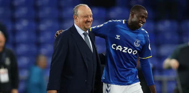 Manager Rafa Benitez celebrates Everton’s victory over Burnley with Abdoulaye Doucoure. Picture: Clive Brunskill/Getty Images