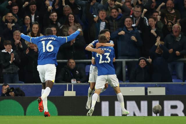 Andros Townsend celebrates giving Everton the lead against Burnley with Seamus Coleman. Picture: Clive Brunskill/Getty Images