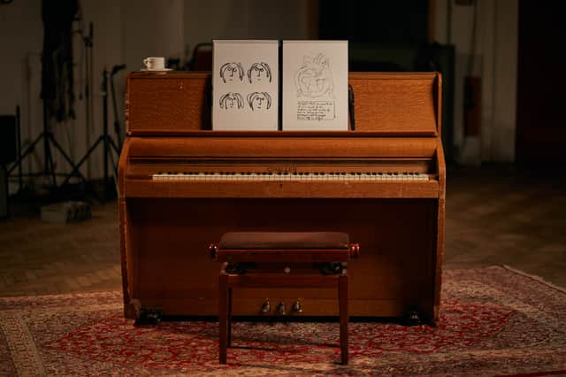 Photo of John Lennon’s drawings and  lyrics taken in Abbey Road Studios. Photo: Jack Klos 
