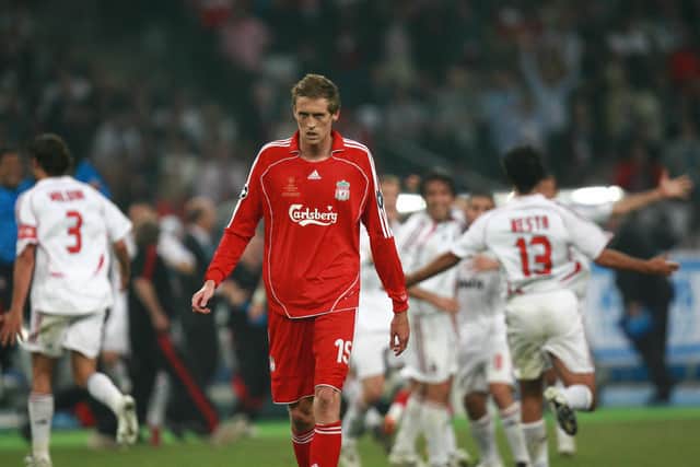 Peter Crouch dejected after Liverpool’s loss to AC Milan in 2007. Picture: AFP via Getty Images