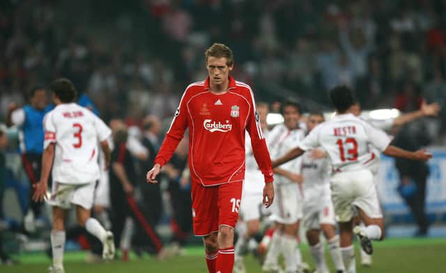 Peter Crouch dejected after Liverpool’s loss to AC Milan in 2007. Picture: AFP via Getty Images